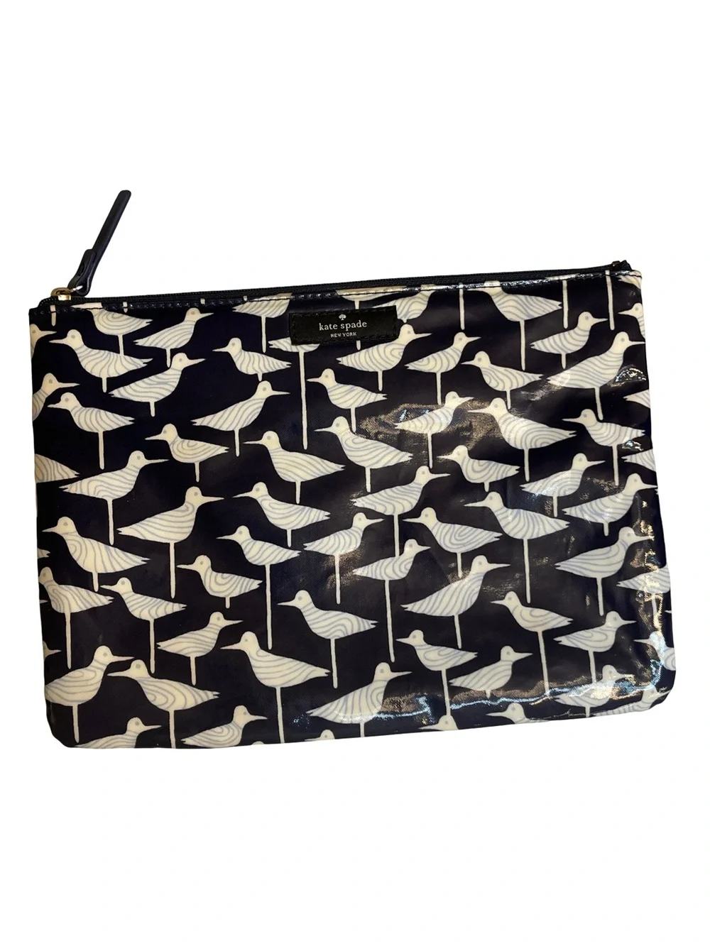 Kate Spade New York Graphic Bird Print Zipper Pouch Cosmetic Case Navy Blue